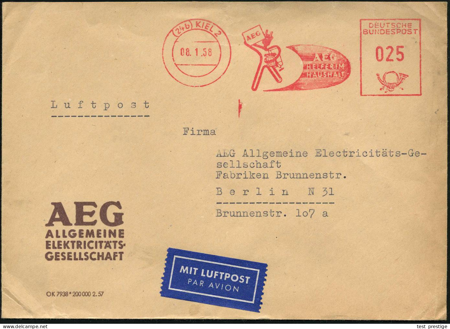 (24b) KIEL 2/ AEG/ HELFER IM/ HAUSHALT 1958 (8.1.) AFS Francotyp 025 Pf. "Elektro-Teufel" Aus Elektrokabel (tansportiert - Elektriciteit