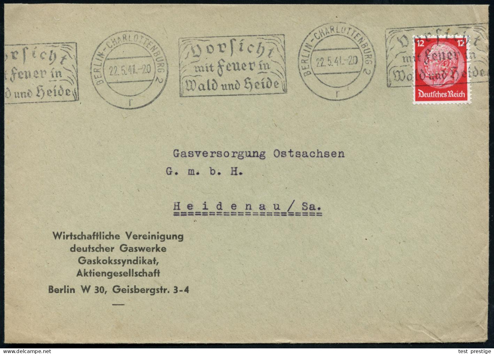 BERLIN-CHARLOTTENBURG 1941 (19.11.) 12 Pf. Hindenbg. , EF Mit Firmenlochung: "W.V.G." = W Irtschaftl. Vereini-gung Deuts - Gas