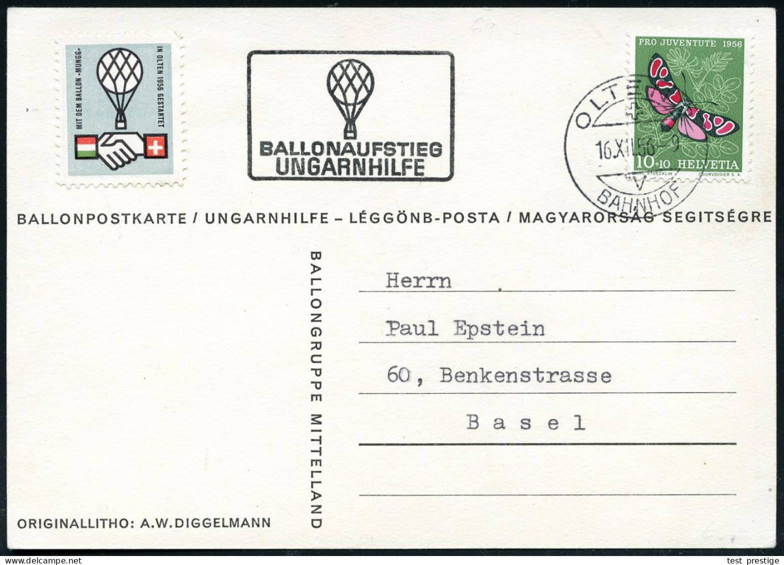 SCHWEIZ /  UNGARN 1956 (16.12.) Ballon-Sonderkarte: Ungarnhilfe , 1K: OLTEN 2/BAHNHOF + Ballon-HdN: UNGARNHILFE + Color- - Andere & Zonder Classificatie