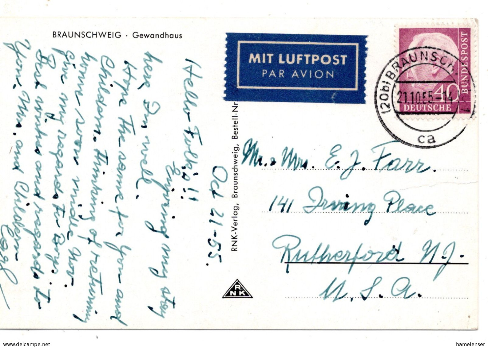 69768 - Bund - 1955 - 40Pfg Heuss I EF A LpAnsKte BRAUNSCHWEIG -> Rutherford, NJ (USA) - Briefe U. Dokumente
