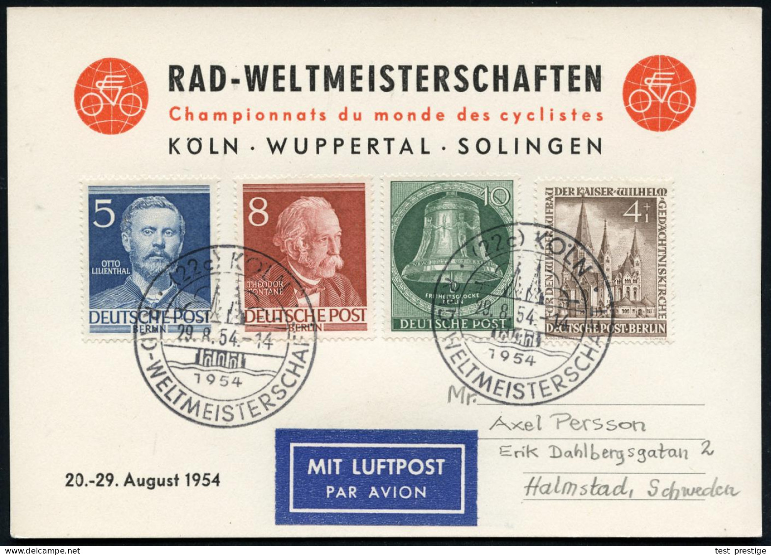 (22c) KÖLN/ RAD-WELTMEISTERSCHAFT 1954 (29.8.) SSt (Kölner Dom) Auf  Besserer Berlin-Frankatur (Mi. + 32.- EUR) Zweifarb - Other (Earth)