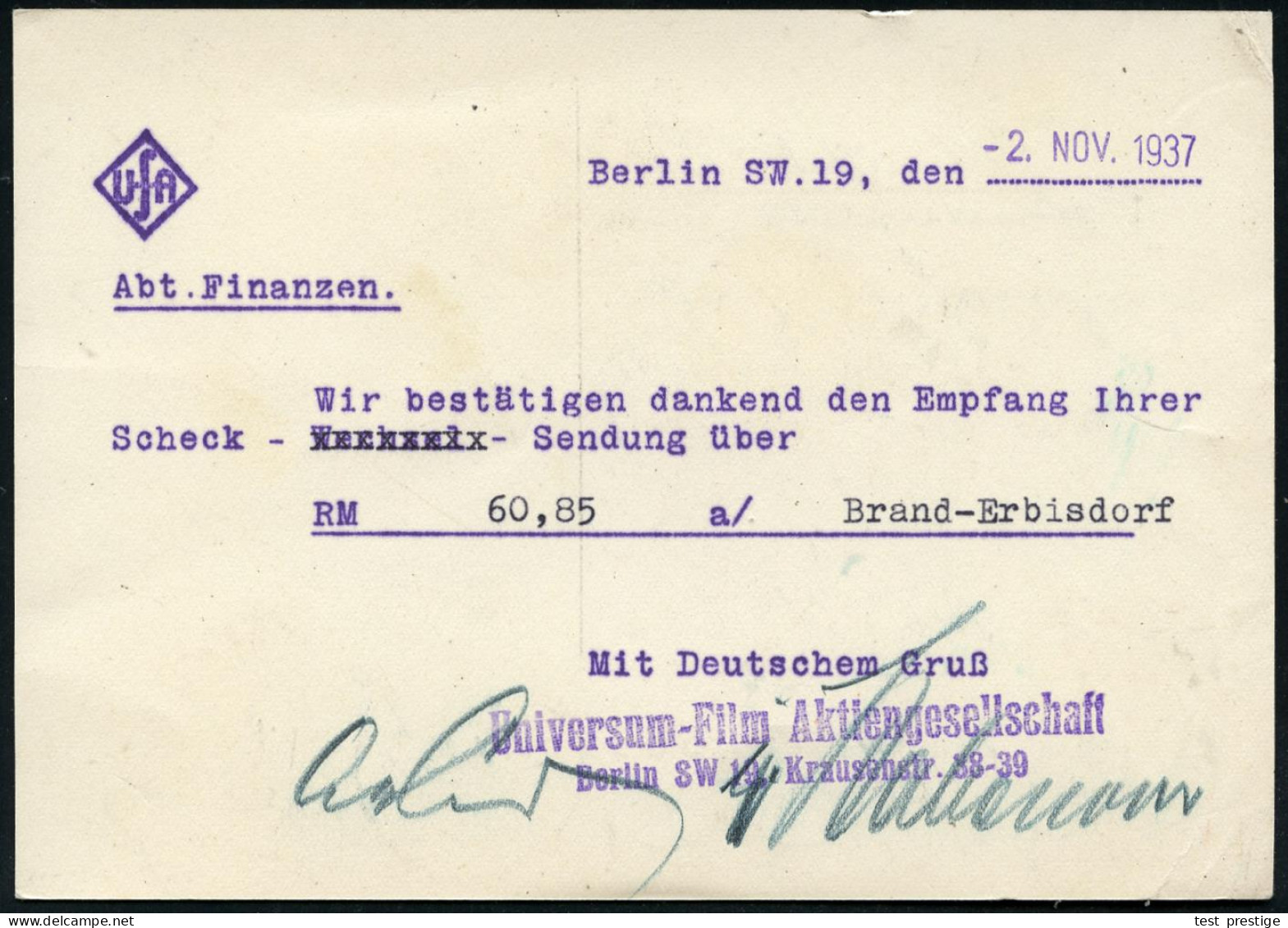 BERLIN SW/ 19/ Daphne/ UND DER DIPLOMAT/ UfA 1937 (2.11.) AFS Francotyp Auf UfA-Firmen-Kt. Mit Text über Scheck-Erhalt ü - Film