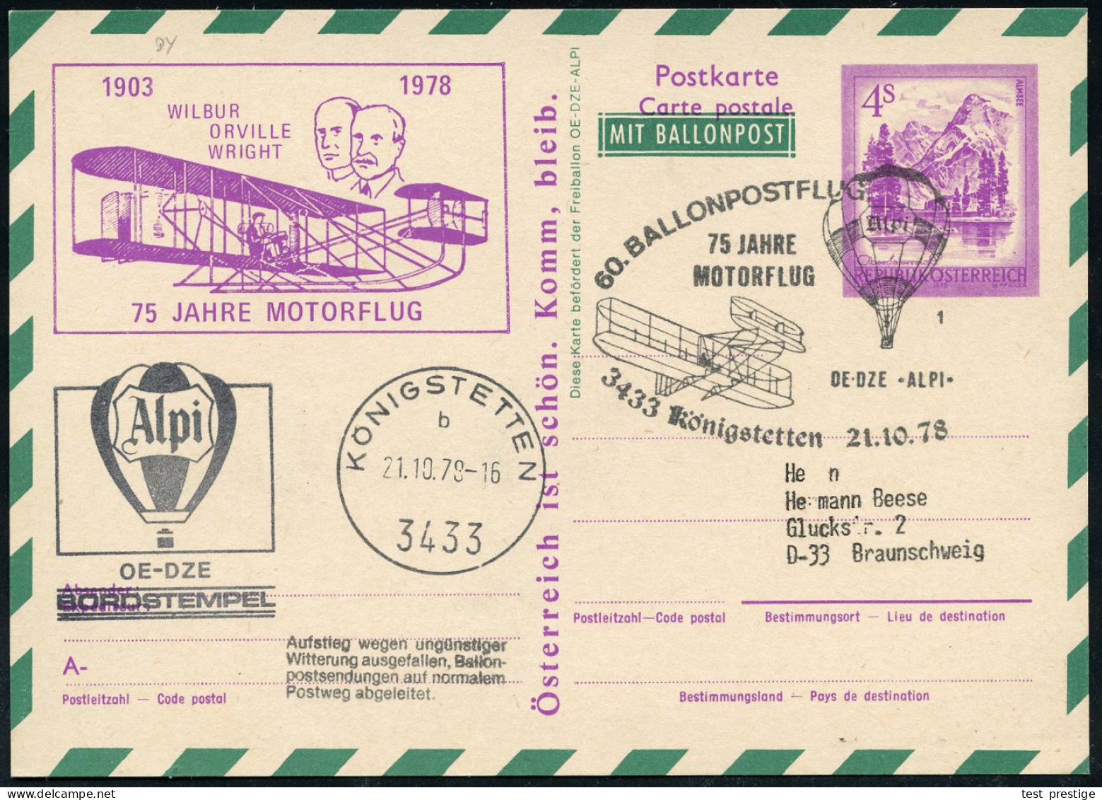 ÖSTERREICH 1978 (21.10.) Amtl. P. 4 S. Viol. + Zudruck: 75 JAHRE MOTORFLUG GEBR.WRIGHT Als 60.Ballon-Flug + SSt.: 3433 K - Sonstige (Luft)