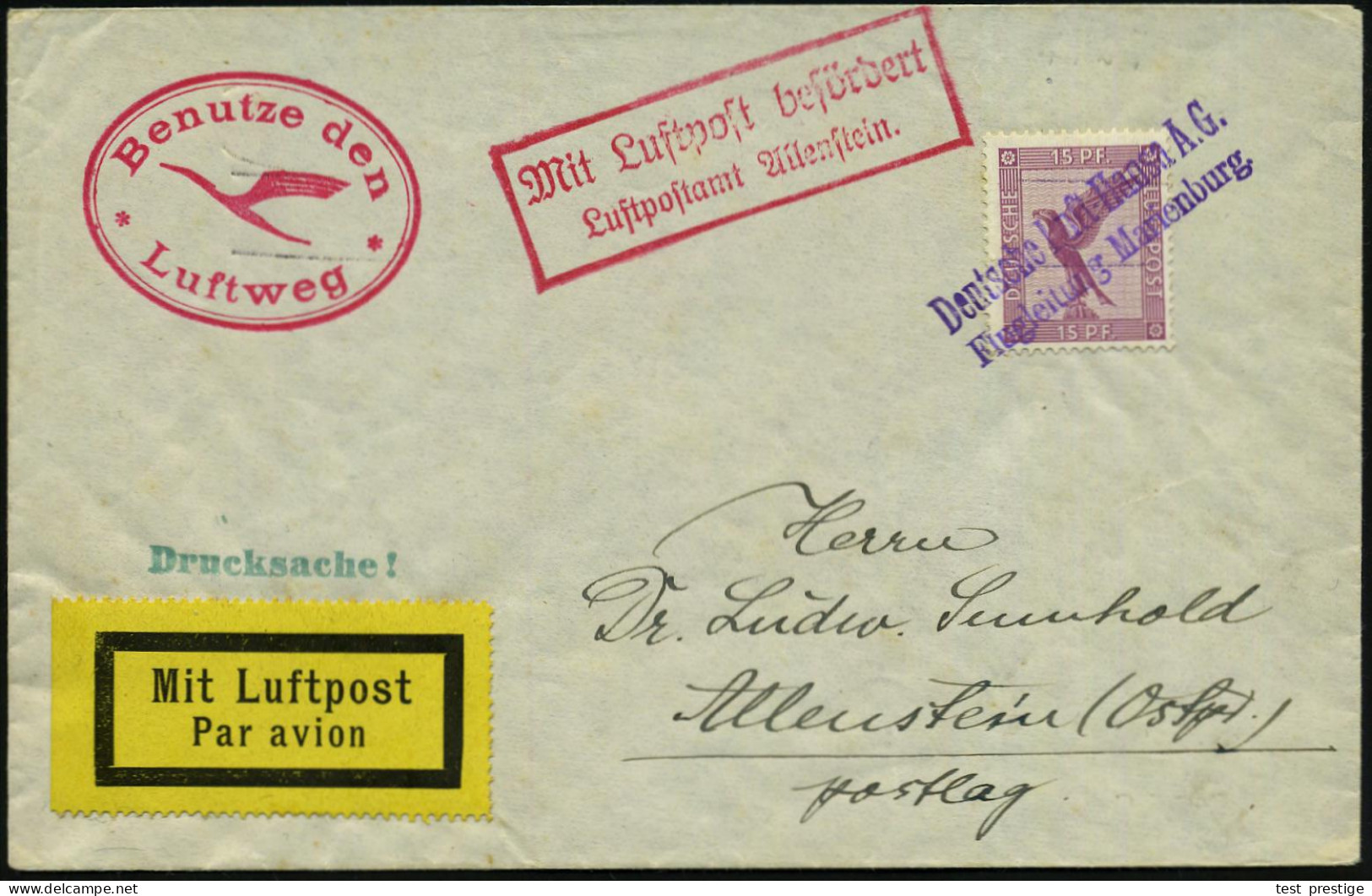 Marienburg /  Allenstein 1929 Roter Ra.2: MLb/Luftpostamt Allenstein. , EF 15 Pf. Adler , Viol. 2L: Deutsche Luft-Hansa  - Other (Air)