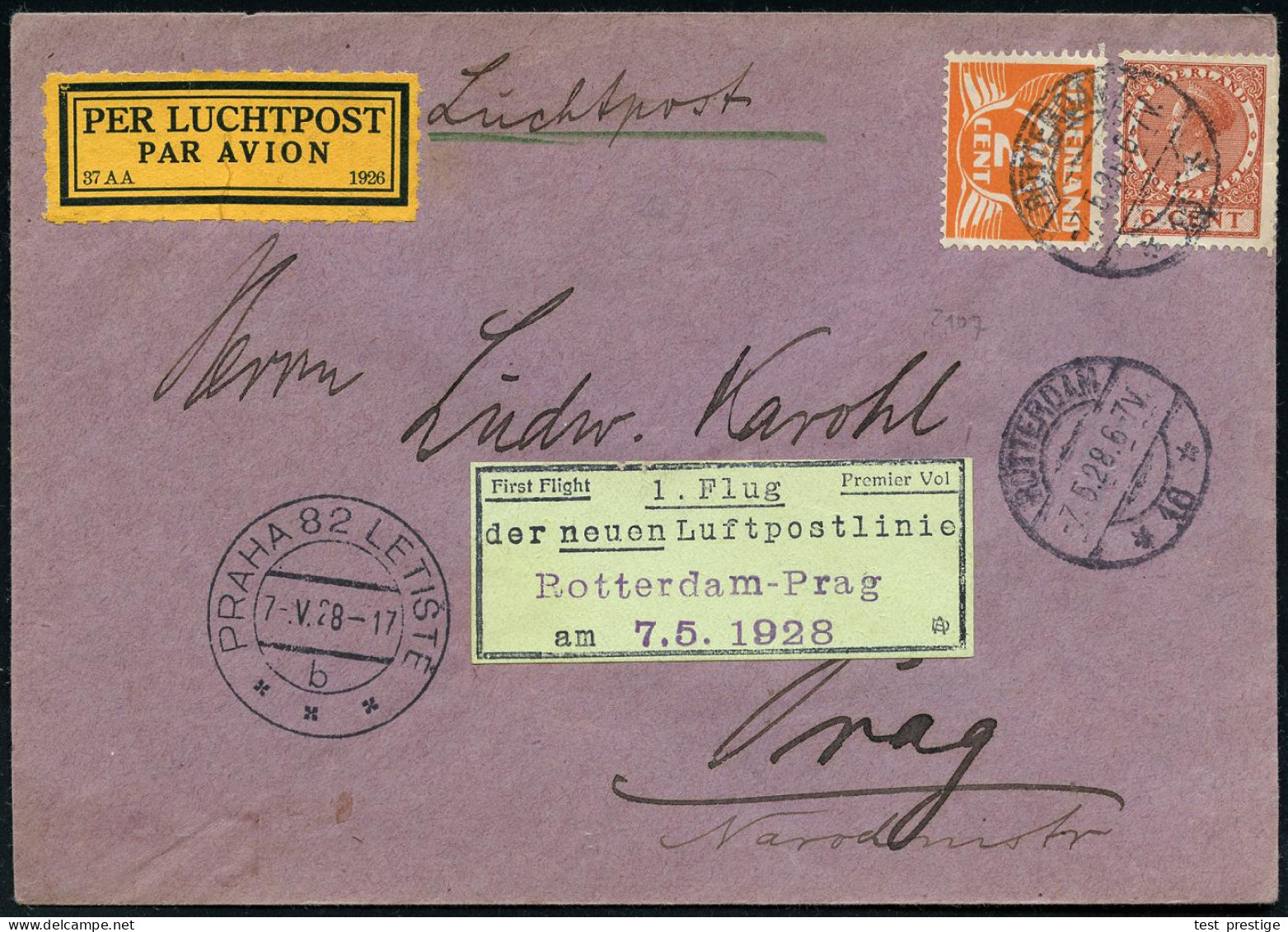 NIEDERLANDE 1928 (7.5.) Erstflug-Bf.: Rotterdam - Prag Mit Orange Erstflug-Label + Orange LPZ , Vs. AS.: PRAHA 82 LETIST - Sonstige (Luft)