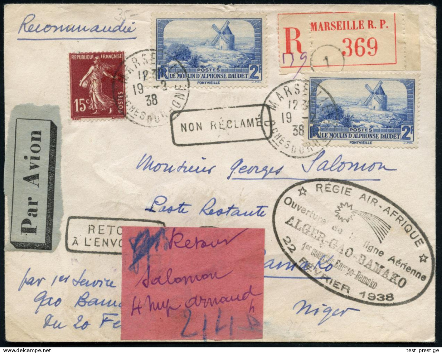 FRANKREICH 1938 (22.2.) Erstflug: Algier - Bamako (Niger), Zuleitung Von Marseille, Frankatur 2 F. Windmühle Etc., Roter - Other (Air)