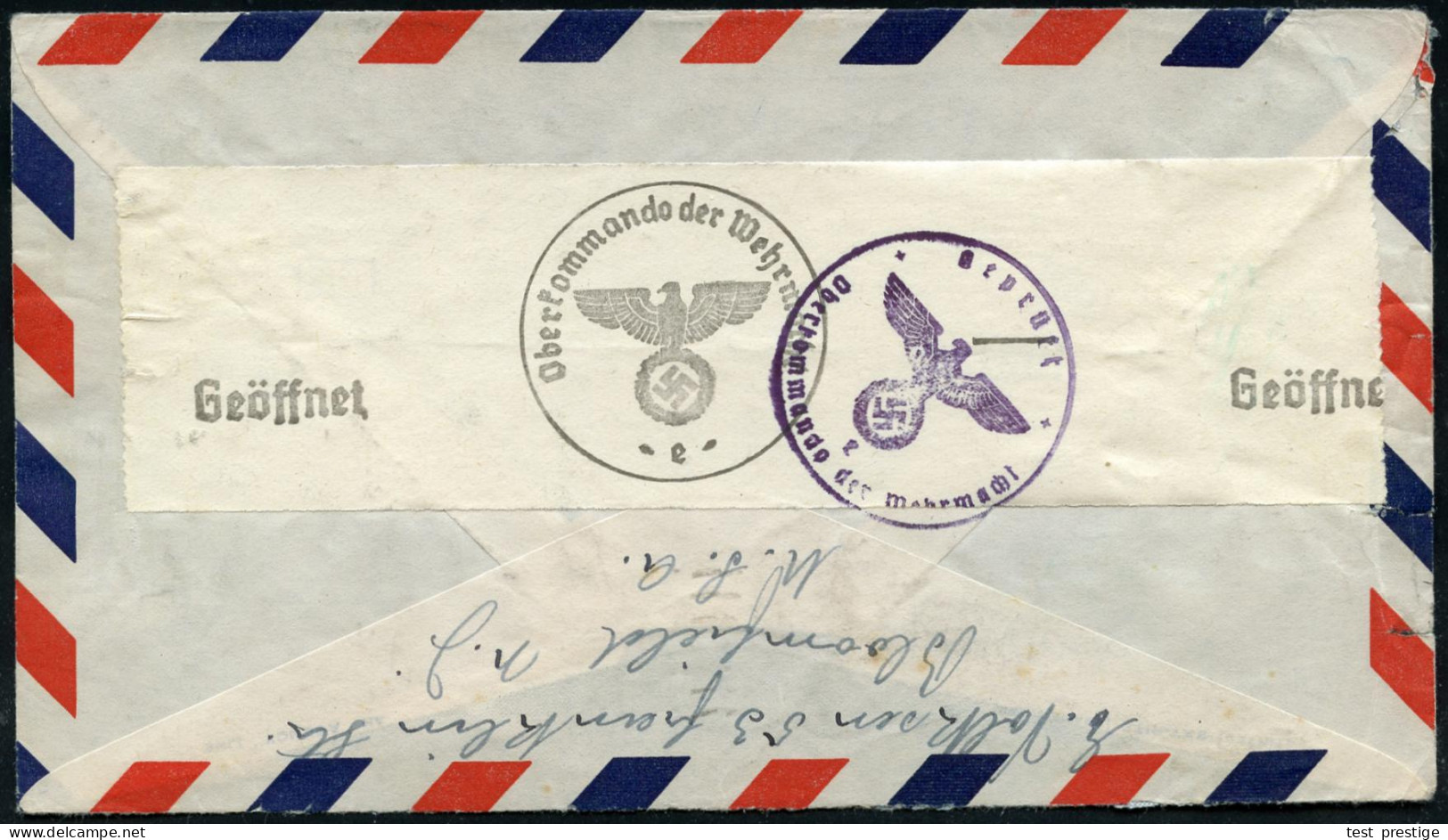 U.S.A. 1940 (3.3.) 30 C. Transatlantik-Flp., EF (MaWellenSt.: BLOOMFIELD, N. J.) + Rs. OKW-Zensur-Streifen "e" + Viol. 1 - Other (Air)