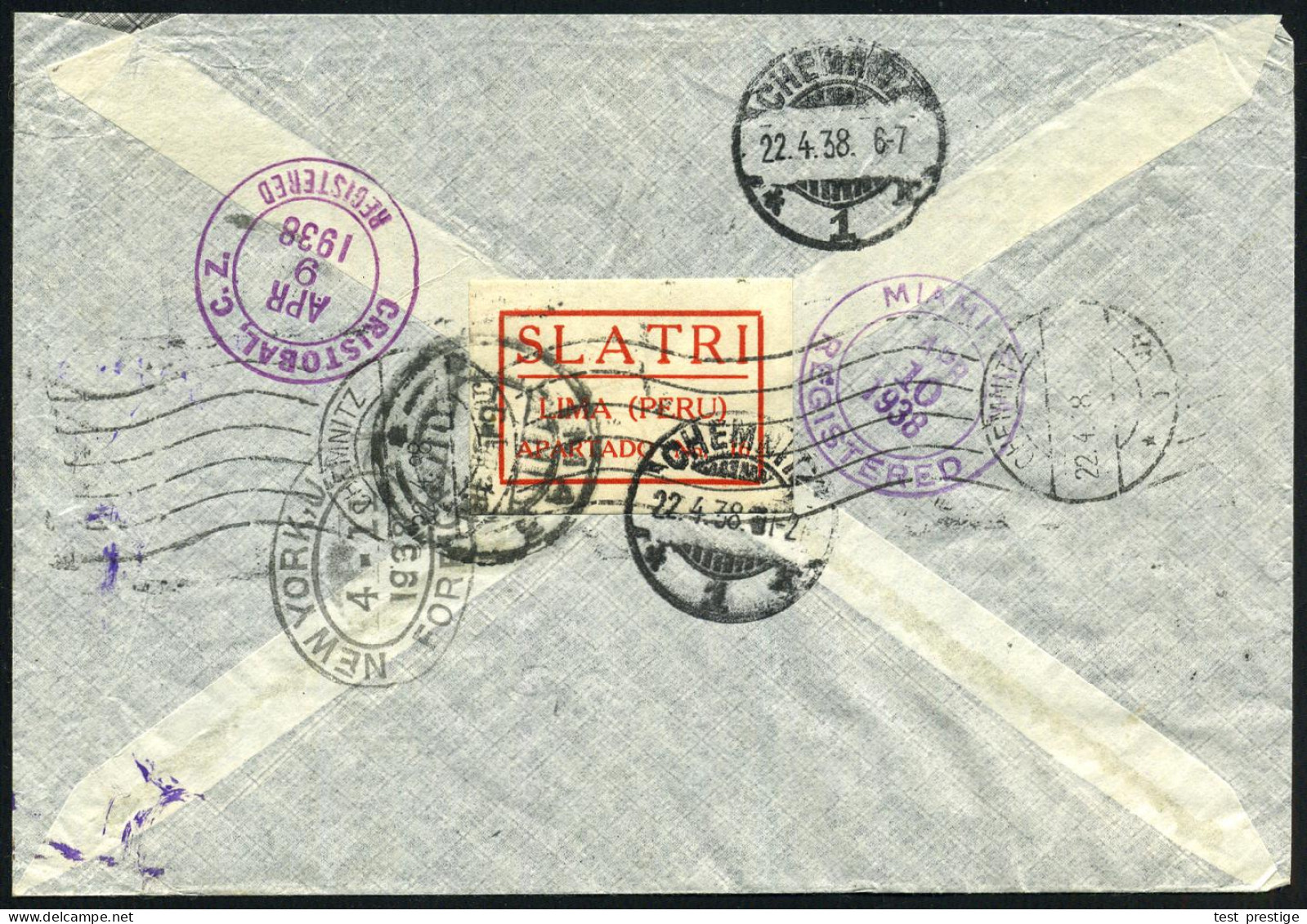 PERU 1938 (8.4.) 2K-Gitter: LIMA + Stummer RZ Von Lima + Viol. Leit-Stempel: VIA  E E.  U U. Via Cristobal, Miami, New Y - Other (Air)