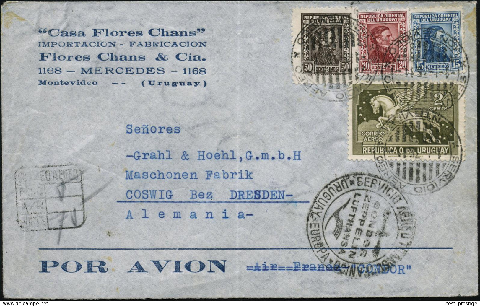 URUGUAY 1935 (1.1.) Flp. 2 C. "Pegasus" (u.a.), 2K-Gitter: SERVICIO AEREO/ MONTEVIDEO + Schw. 2K-HdN: SERVICIO AEREO TRA - Andere (Lucht)