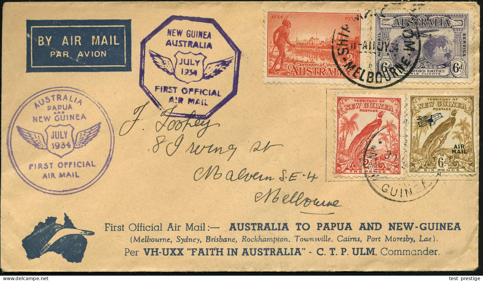 AUSTRALIEN /  NEUGUINEA 1934 (24.11.) Erstflug "Faith In Australia": Melbourne - Lae (Neu Guinea) - Melbourne (vs./rs.2  - Sonstige (Luft)