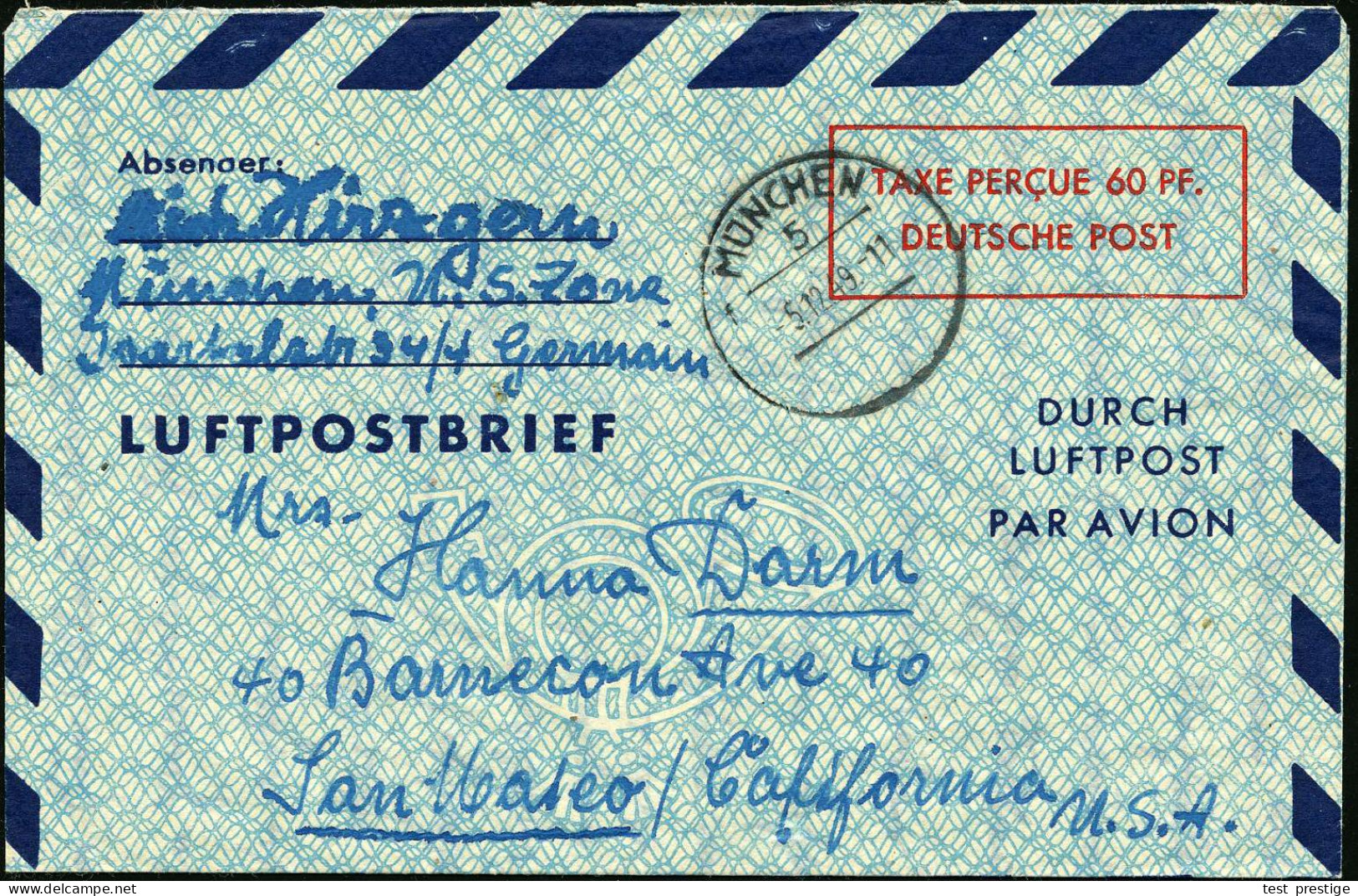 MÜNCHEN/ 5/ F 1949 (5.12.) Aptierter HWSt = "HAUPTSTADT DER BEWEGUNG" Entfernt (Bo.73 Apt.) Auf Aerogramm 60 Pf. "Deutsc - Other (Air)