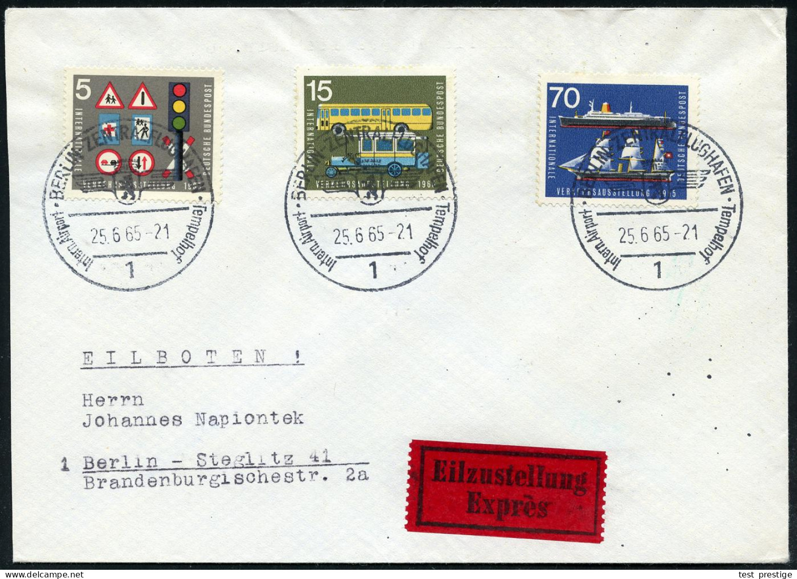 1 BERLIN-ZENTRALFLUGHAFEN/ Tempelhof/ Intern.Airport 1965 (25.6.) HWSt = Hauspostamt Flughafen Tempelhof 3x Auf 90 Pf. F - Sonstige (Luft)