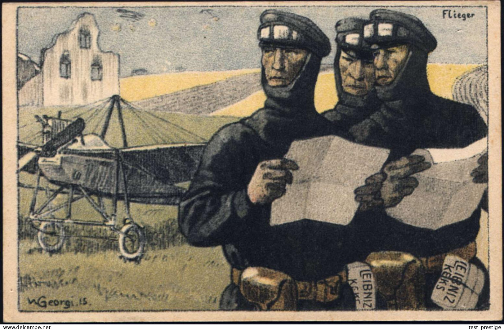 DEUTSCHES REICH 1917 (ca.) Color-Künstler-Reklame-Ak.: H. BAHLSEN-KEKS, HANNOVER = 3 Kampflieger Gelandet Orientieren Si - Vliegtuigen