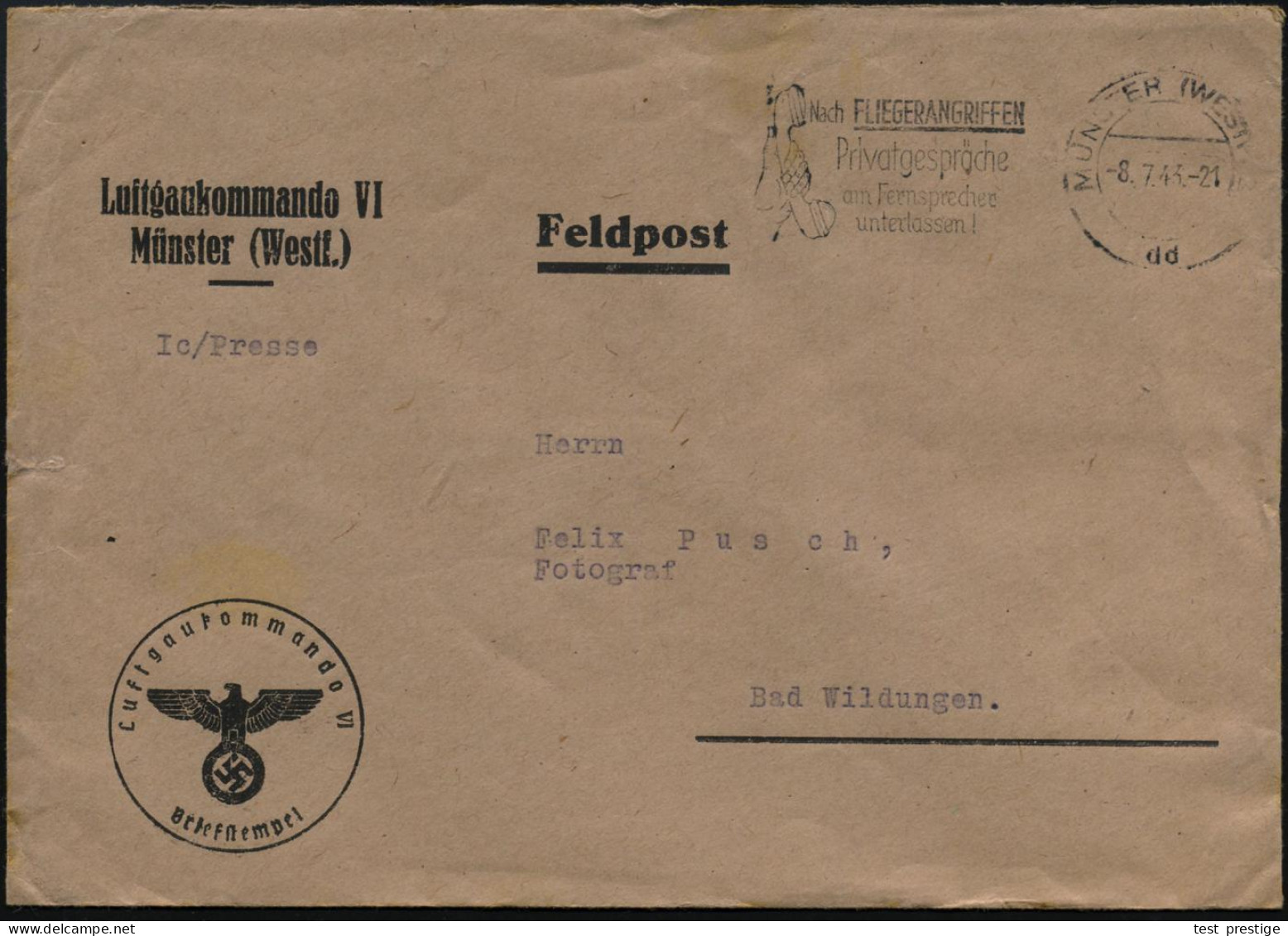 MÜNSTER (WESTF) 2/ Dd/ Nach FLIEGERANGRIFFEN/ Privatgespräche/ Am Fernsprecher/ Unterlassen! 1944 (8.7.) MWSt (Hand Mit  - Flugzeuge