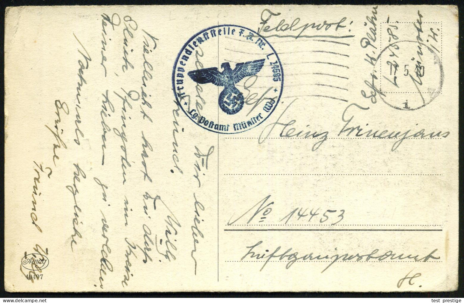 DEUTSCHES REICH 1940 (17./18.5.) Stummer MaWellenSt + Stummer 1K-Steg = Tarnstempel + Blauer 1K-HdN: F. P. Nr. L 24585/  - Airplanes