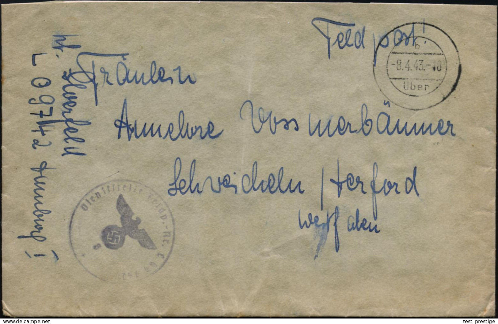 DEUTSCHES REICH 1943 (8.4.) Stummer 2K-Steg: "b/über" = Tarnstempel, Seltene Form + Viol. 1K-HdN: Fp. Nr. L 09742 = 4. S - Airplanes