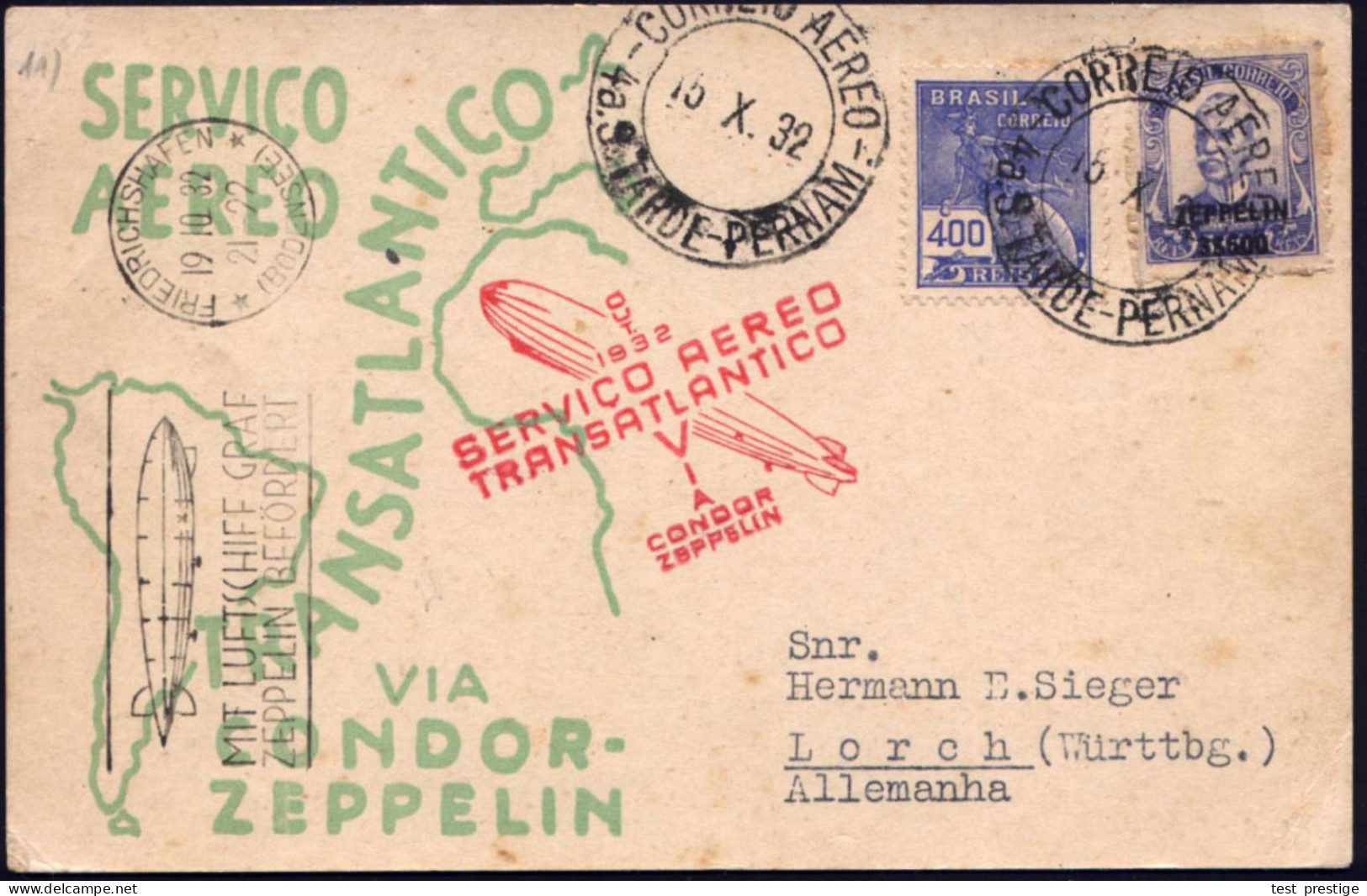 BRASILIEN 1932 (15.10.) 8. SA-Fahrt, Frankatur Zepp. 3$500/5000 Rs. (Mi.369,+ 50.-EUR) + Roter Zepp.-HdN + Zepp.-Ma.-AS  - Zeppelins