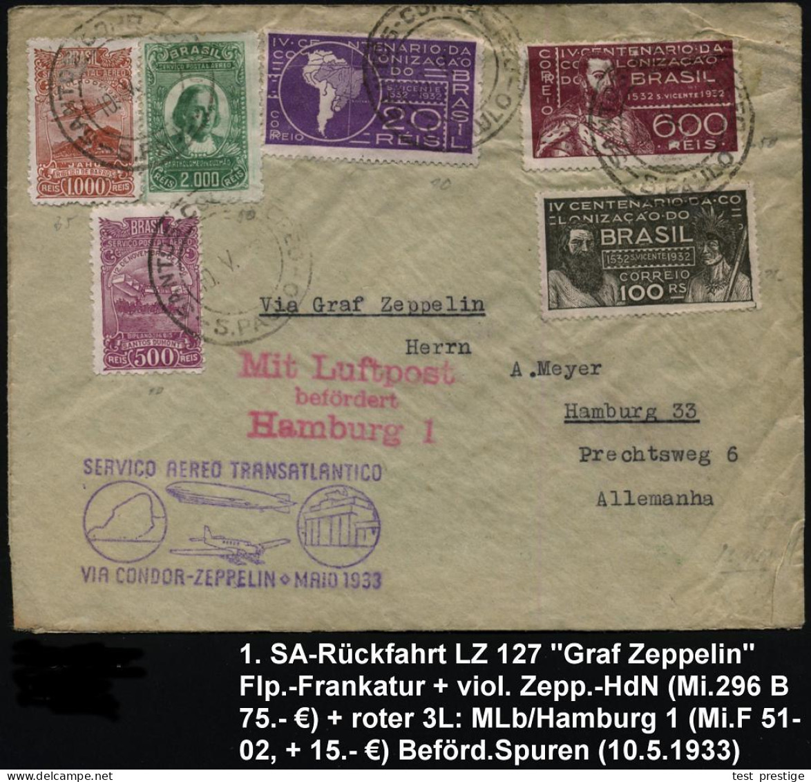 BRASILIEN 1933 (10.5.) Zeppelin 1. SA-Rückfahrt Brasilien - Deutschland, Viol. Zepp.-HdN = Zeppelin, Junkers-Wasserflugz - Zeppelins