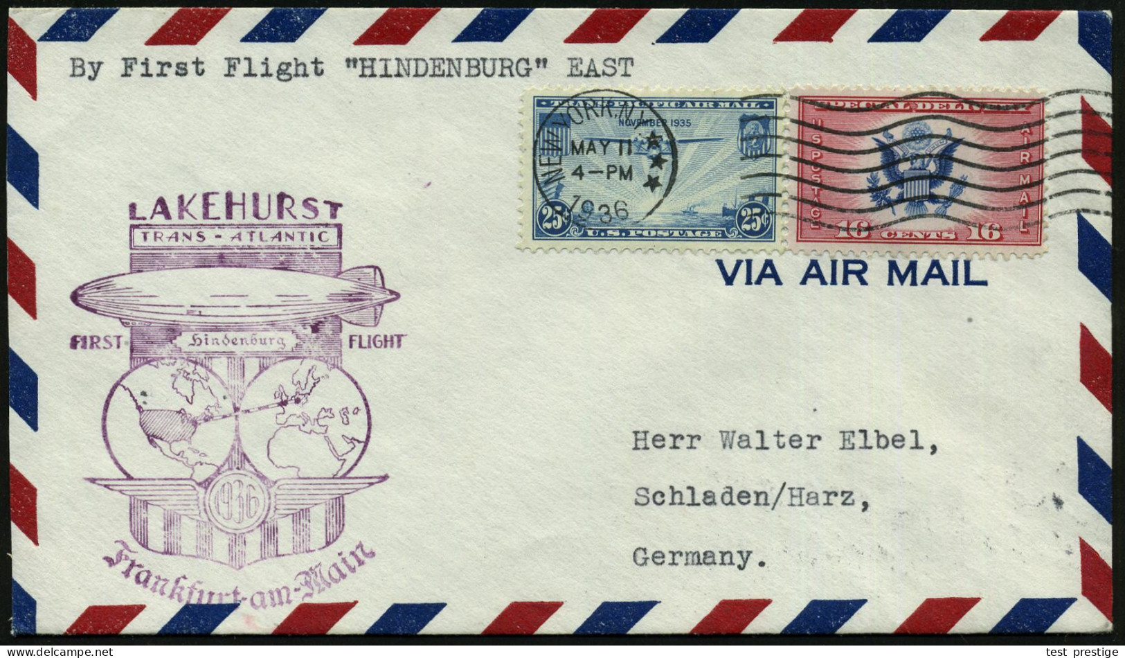 U.S.A. 1936 (Mai) 1. NA-Rückfahrt Lakehurst - Frankfurt/Main (Zepp.-Ma.-AS Ty.III) US.-Luftpost-Franktatur + Viol. "Hind - Zeppelin