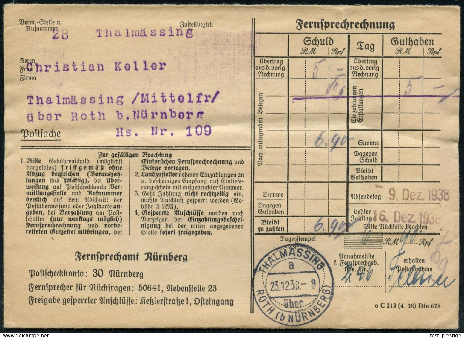 THALMÄSSING/ A/ über/ ROTH (b NÜRNBERG) 1938 (23.12.) 2K-Steg = PSt.I Auf Portofreiem Dienst-Bf.: Fernsprechrechnung + I - Sonstige