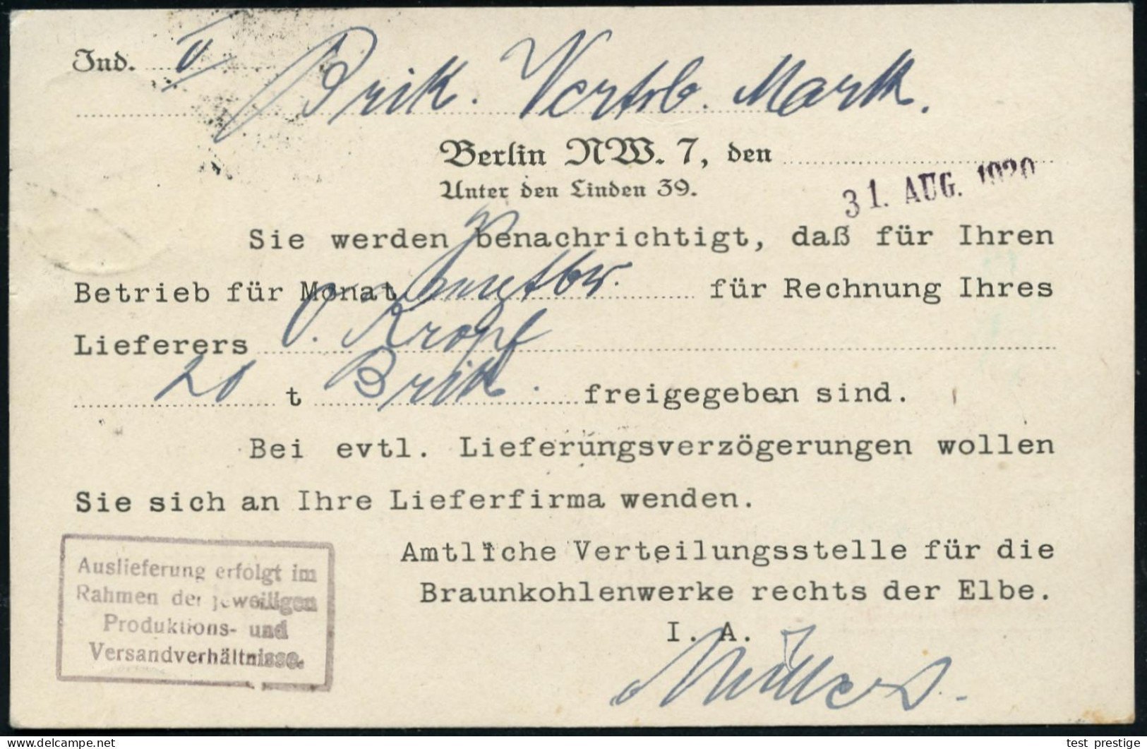 BERLIN NW/ *7c 1920 (4.9.) 1K-Brücke Auf EF 30 Pf. Dienst + Viol. 1K-HdN: Reichskommissar Für D.Kohlenverteilung../recht - Other & Unclassified