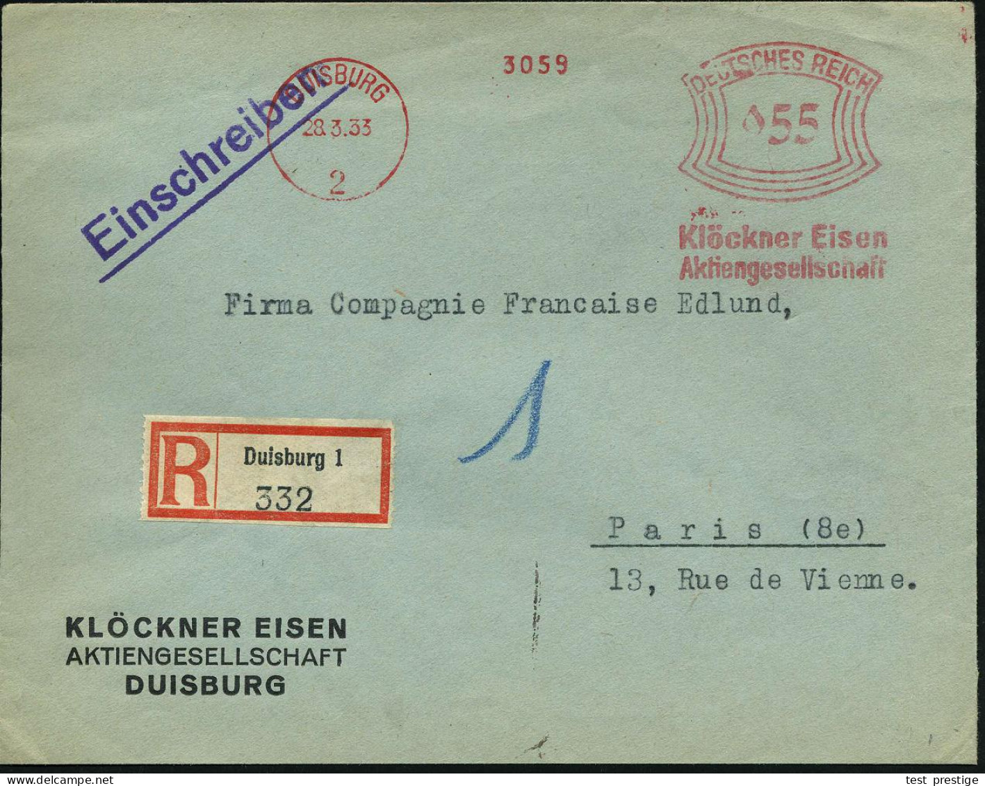 DUISBURG/ 2/ Klöckner Eisen-/ Aktiengesellschaft 1933 (28.3.) AFS Francotyp 055 Pf. + RZ: Duisburg 1 , Ausl.-R-Bf. N. Pa - Autres & Non Classés