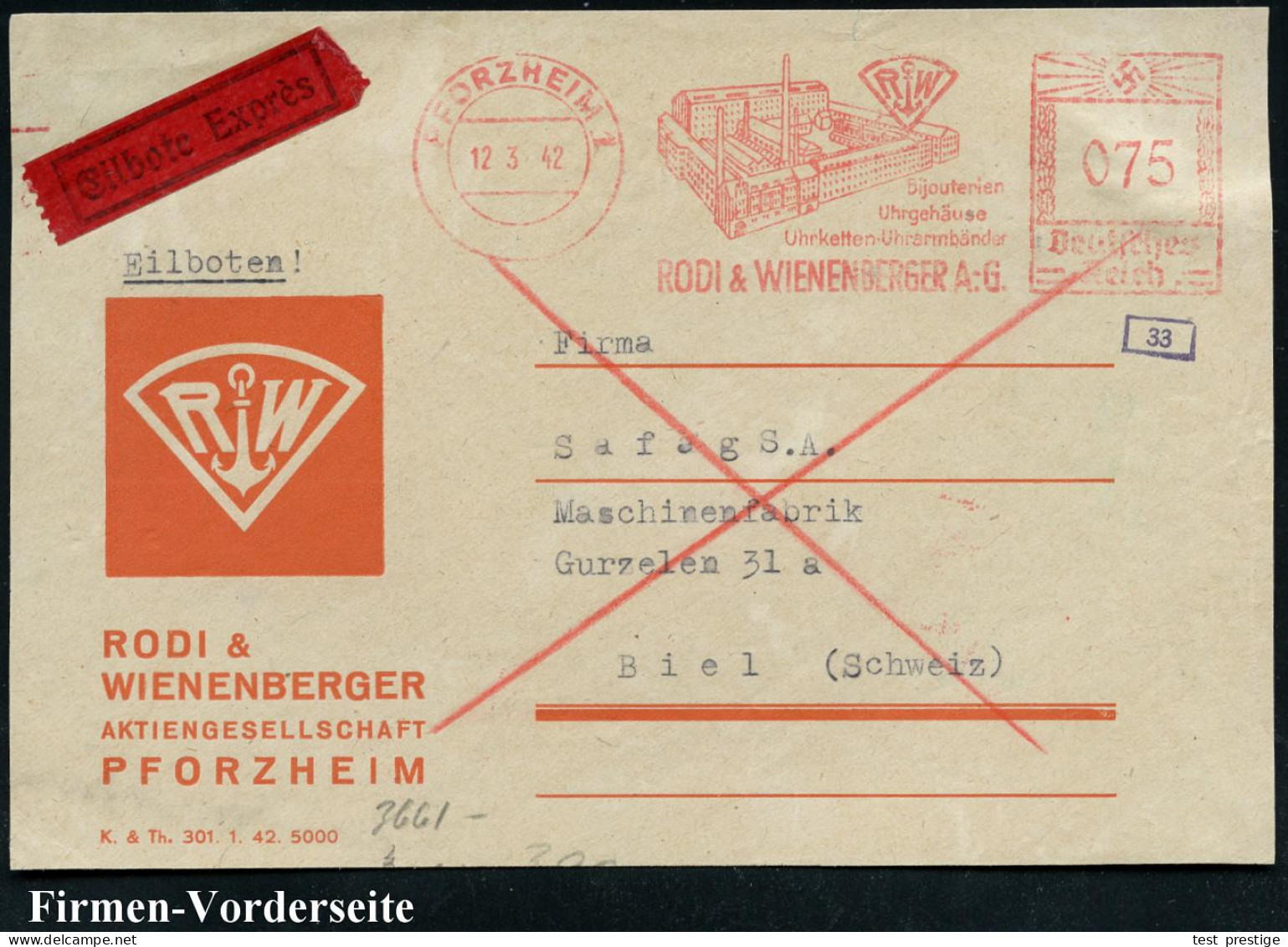 PFORZHEIM 1/ Bijouterien/ Uhrgehäuse/ Uhrketten../ RODI & WIENENBERGER AG 1942 (12.3.) AFS Francotyp 075 Pf. Fabrikanlag - Sonstige & Ohne Zuordnung