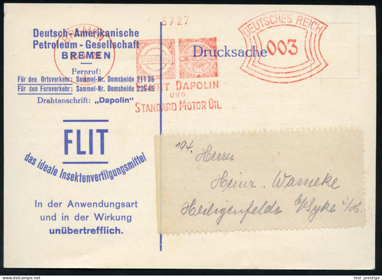 BREMEN/ 1/ ..FAHRT DAPOLIN/ U./ STANDARD MOTOR OIL 1929 (25.4.) AFS Francotyp (Logos) Reklame-Kt.: Deutsch-Amerikan. Pet - Oil