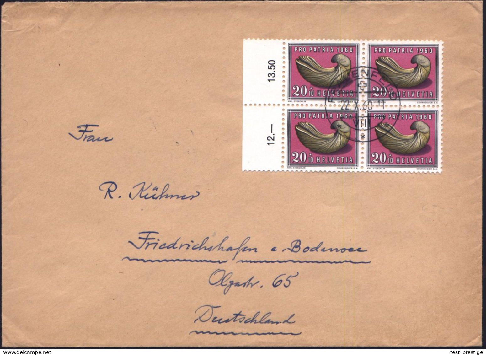 SCHWEIZ 1960 (22.10.) 2 0+ 10 C. Gryphea Arcula, Reine MeF: Rand-4er-Block (versteinerte Muschel) Klar Gest. Ausl-Bf.!   - Other & Unclassified