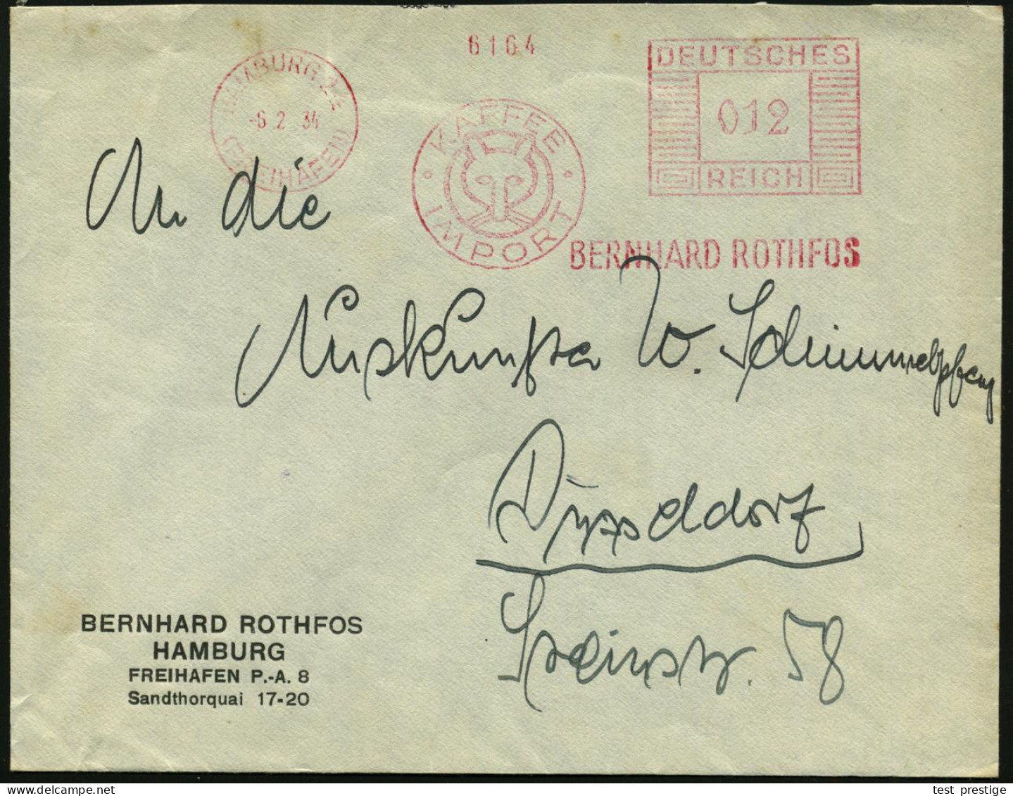 HAMBURG 24/ (FREIHAFEN)/ KAFFEE/ IMPORT/ BERNH.ROTHFOS 1934 (5.2.) AFS = Fuchskopf , Firmen-Bf.: BERNHARD ROTHFOS.. FREI - Dogs