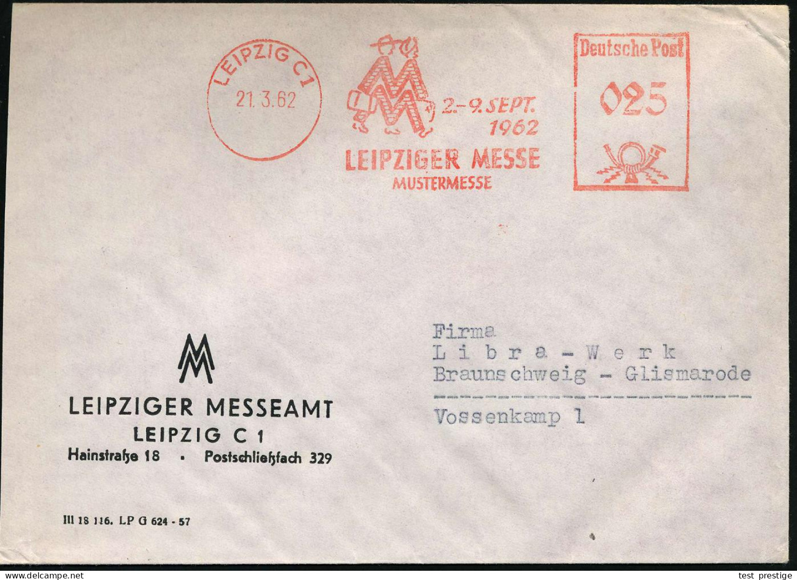 LEIPZIG C1/ 2.-9.SEPT./ 1962/ LEIPZ.MESSE/ MUSTERMESSE 1962 (21.3.) AFS Francotyp 025 Pf. (Messe-Logo: 2 Kofferträger) D - Autres
