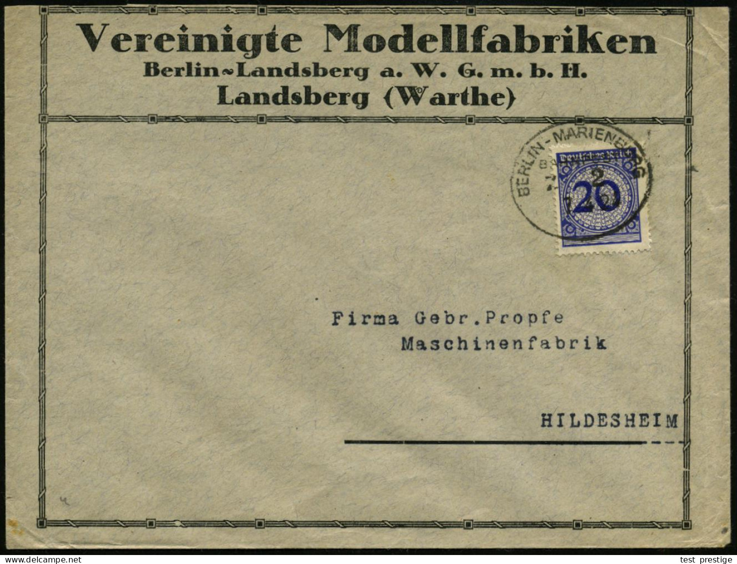 Landsberg (Warthe) 1924 (7.4.) Bahn-Oval: BERLIN - MARIENBURG/BAHNPOST/Z.2 Auf Firmen-Bf.: Vereinigte Modellfabriken Ber - Zonder Classificatie