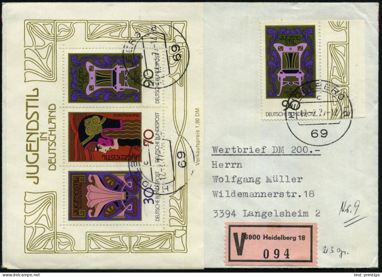 B.R.D. 1977 (17.2.) "Jugendstil In Deutschland", Kompl. Block + 90 Pf. Randstück Einzeln, Satzreine Frankatur, Sauber Ge - Otros