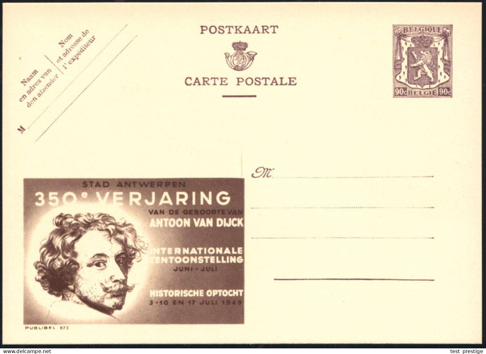 BELGIEN 1948 90 C. Reklame-P Löwe, Braunlila: 350e VERJARING../A.VAN DIJCK = Internat. Van Dijck-Ausstellung 1949 (Kopfb - Otros & Sin Clasificación