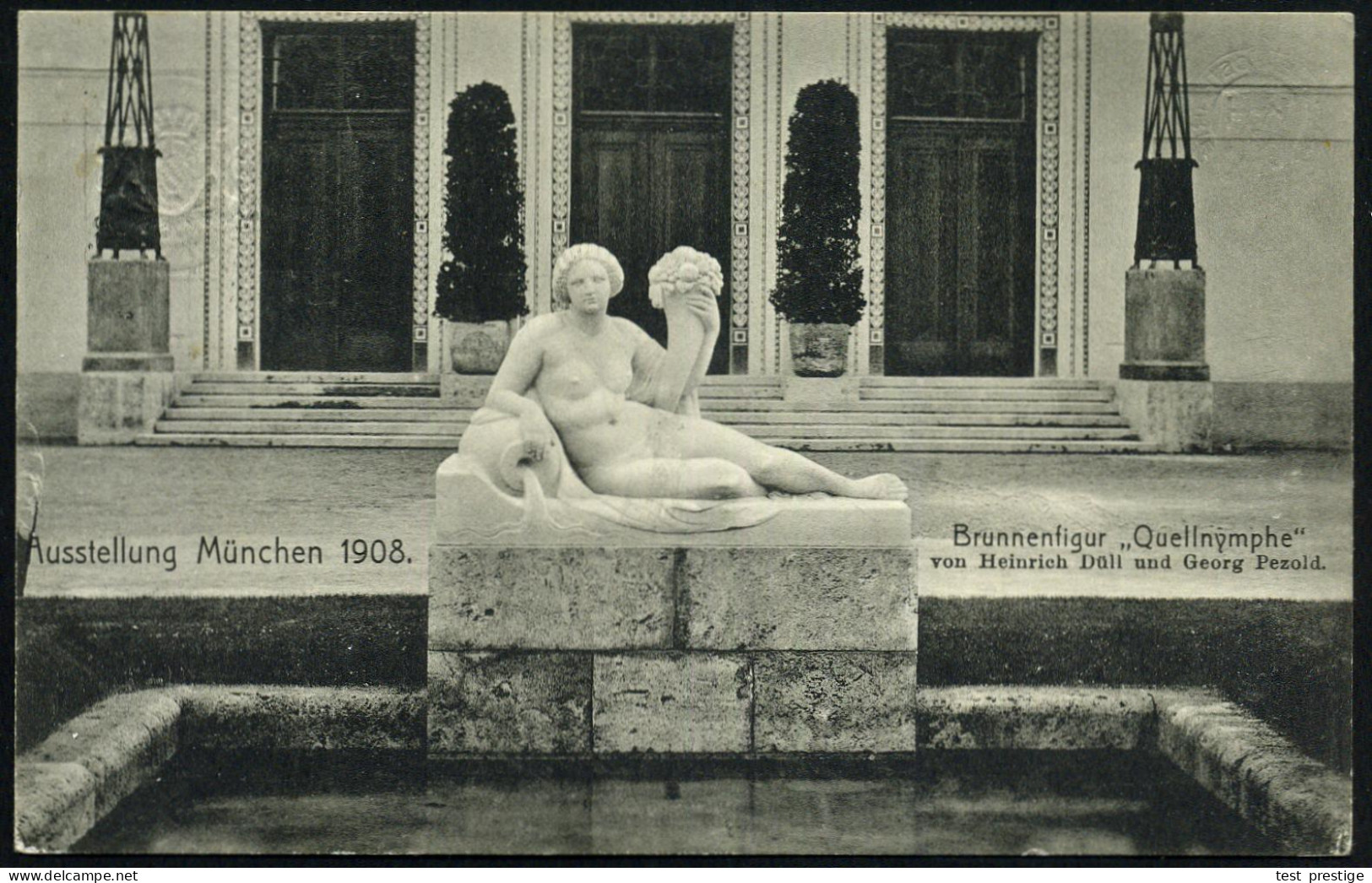 MÜNCHEN 1908/ AUSSTELLUNG 1908 (14.9.) SSt (3-Zeiler) Auf PP 5 Pf. Wappen, Grün: Brunnenfigur "Quellnymphe".. (u. Eingan - Skulpturen