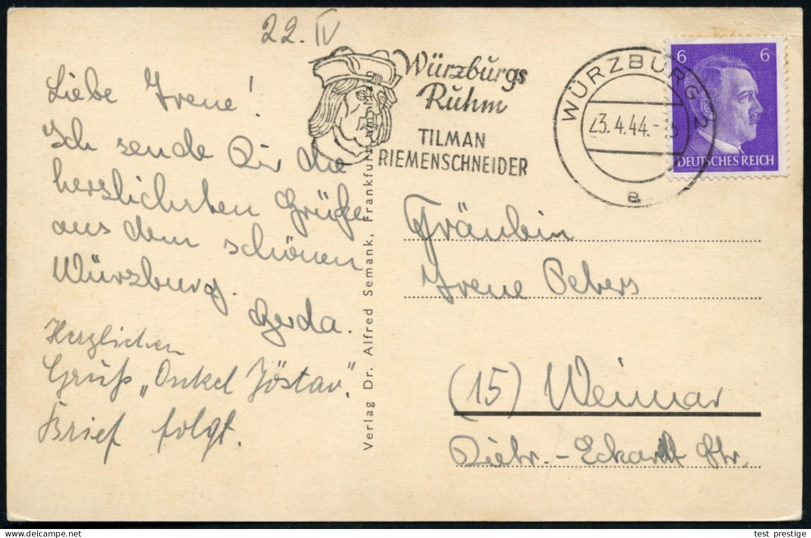 WÜRZBURG 2/ A/ Würzburgs/ Ruhm/ TILMAN/ RIEMENSCHNEIDER 1943 (23.4.) Seltener  MWSt = Kopfbild Tilman Riemenschneider (m - Scultura