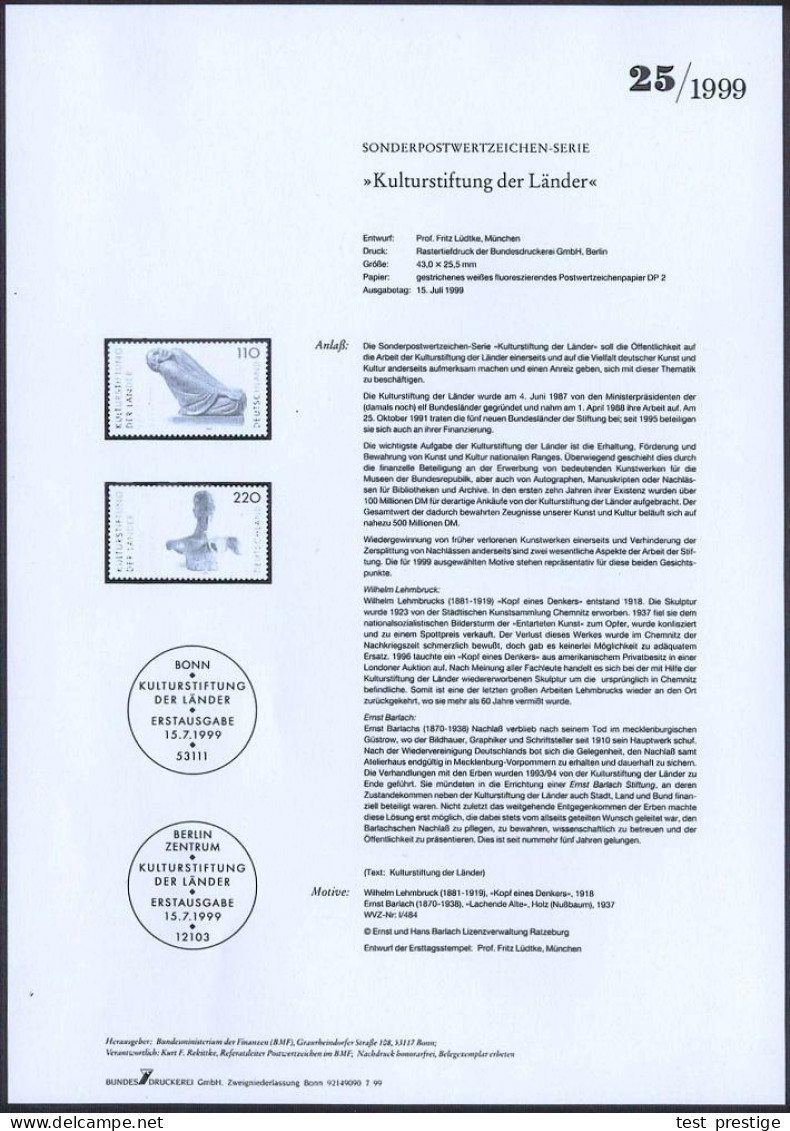 B.R.D. 1999 "Kulturstiftung Der Länder" 110 Pf. Ernst Barlach "Lachende Alte" U. 220 Pf. W. Lehmbruck "Kopf Eines Denker - Sculpture