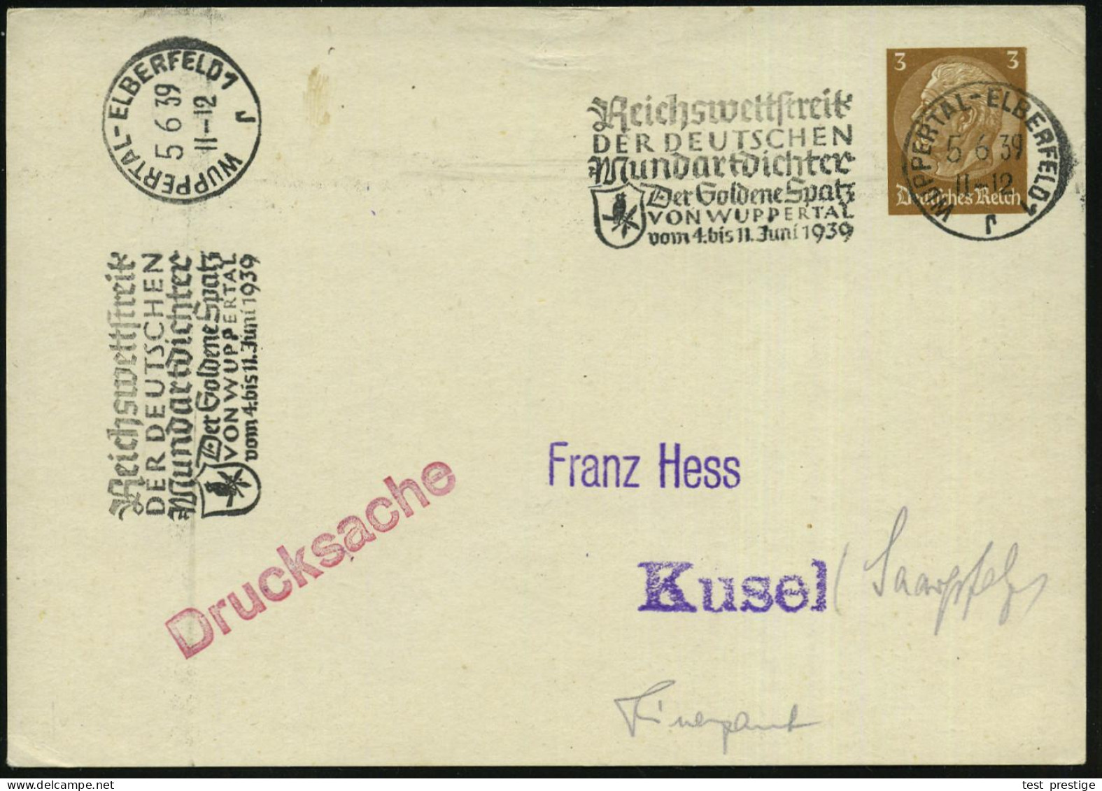 WUPPERTAL-ELBERFELD 1/ R/ Reichswettstreit/ DER DEUTSCHEN/ Mundartdichter/ Der Goldene Spatz 1939 (5.6.) MWSt = Wappen M - Other