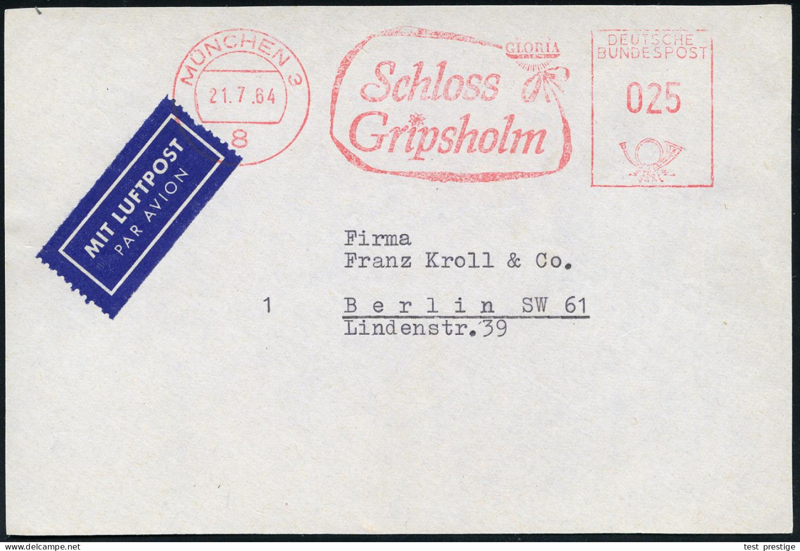 8 MÜNCHEN 3/ GLORIA/ Schloss/ Gripsholm 1964 (21.7.) Seltener AFS 025 Pf. = Literatur-Verfilmung V. Kurt Tucholsky (1931 - Writers