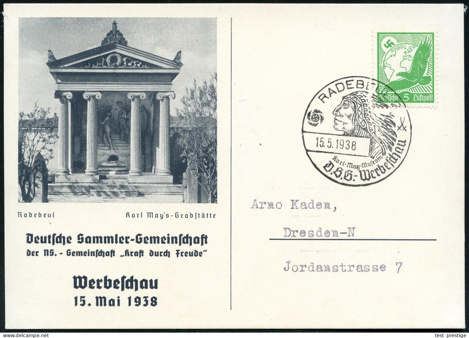 RADEBEUL 2/ Karl-May-Museum/ DSG.. 1938 (15.5.) SSt = Indianerkopf Mit Federschmuck Klar Auf Orts-Sonder-Kt.: Karl-May-M - Schrijvers