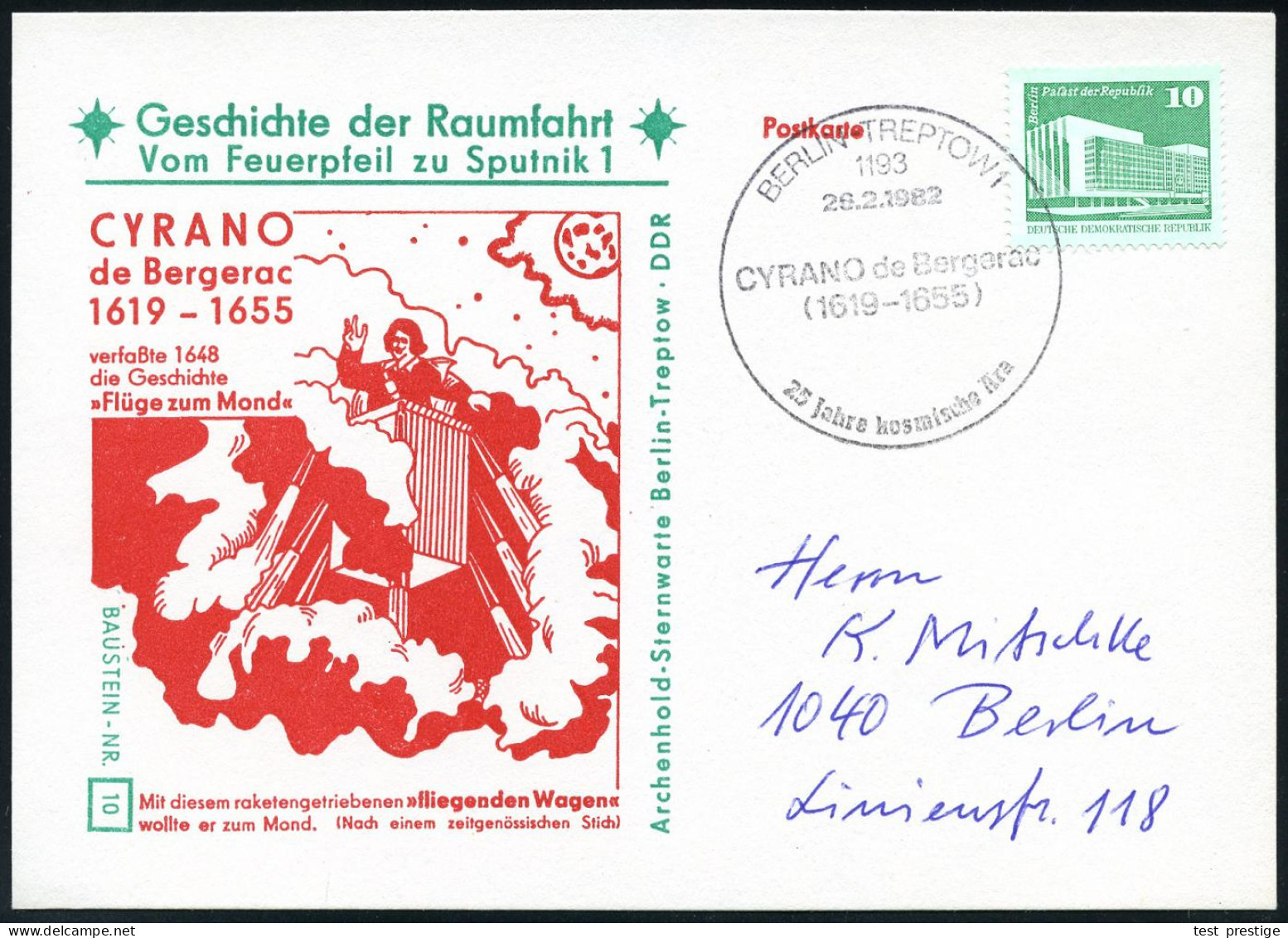 1193 BERLIN-TREPTOW/ CYRANO De Bergerac/ (1619-1655).. 1982 (26.2.) SSt Auf Passender Zweifarbiger Sonder-Kt.: "Flüge Zu - Writers