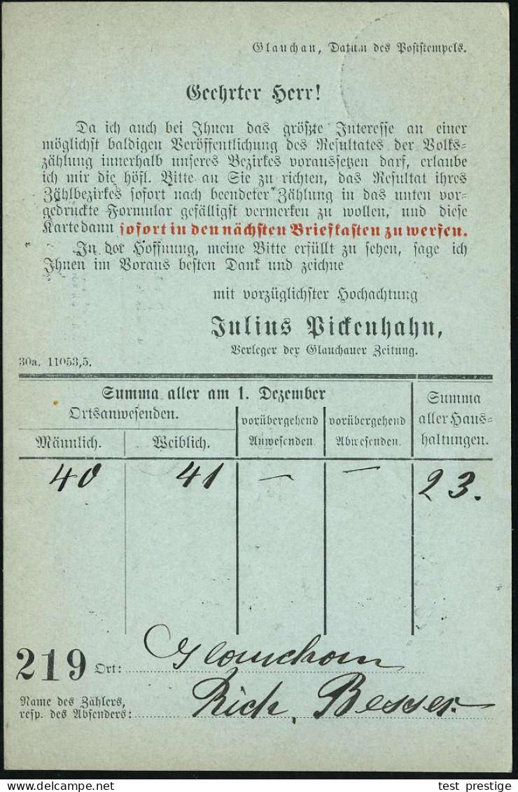 GLAUCHAU/ *1i 1905 (2.12.) 1K-Gitter Auf Amtl. Orts-P 2 Pf. Germania , Vs./rs. Zudruck: J. Pickenhahn.. V O L K S Z ä H  - Other