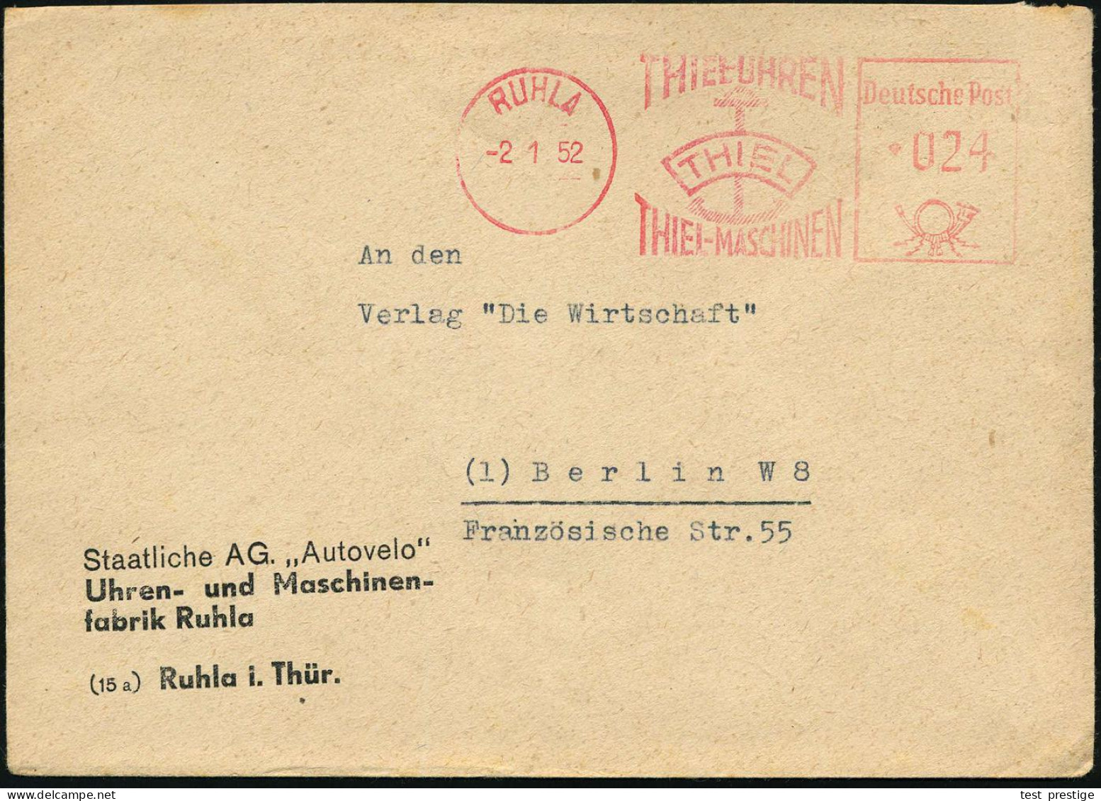 RUHLA/ THIEL-UHREN/ THIEL-MASCHINEN 1952 (2.1.) AFS Francotyp (altes Firmenlogo: Anker) Firmen-Bf.: Staatliche Sowjet.-A - Relojería