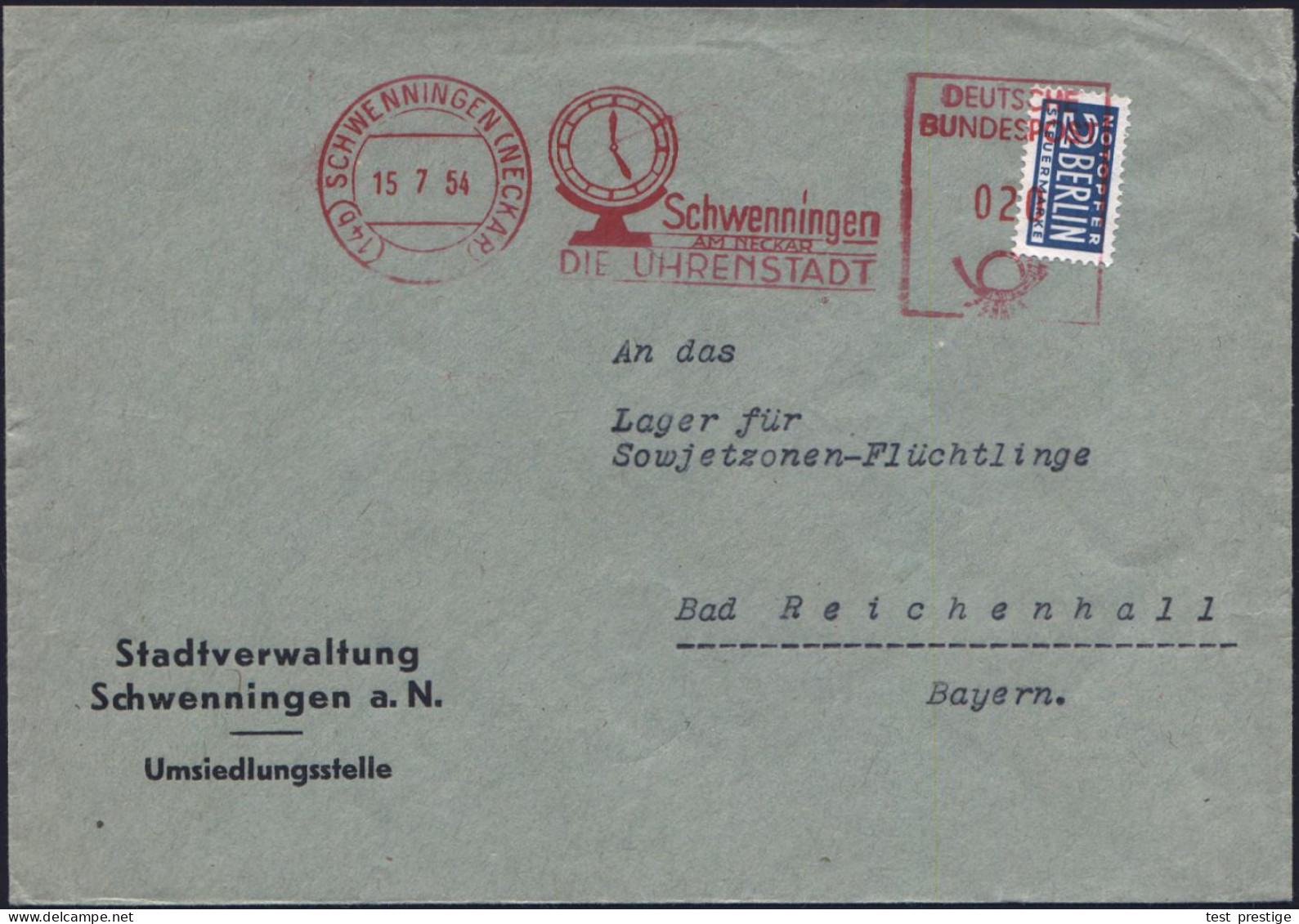 (14b) SCHWENNINGEN (NECKAR)/ DIE UHRENSTADT 1954 (15.7.) AFS Postalia = Standuhr Auf 2 Pf. NoB (= VE) Kommunal-Bf.: Stad - Horloges