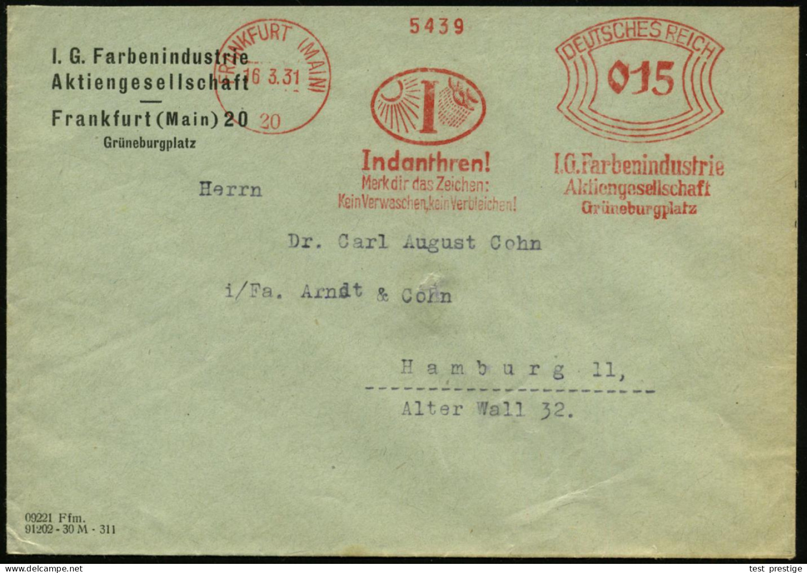 FRANKFURT (MAIN)/ 20/ Indanthren!/ Merk Dir Das Zeichen../ I.G.Farben.. 1931 (16.3.) AFS Francotyp = Sonne U. Regewolke  - Climate & Meteorology