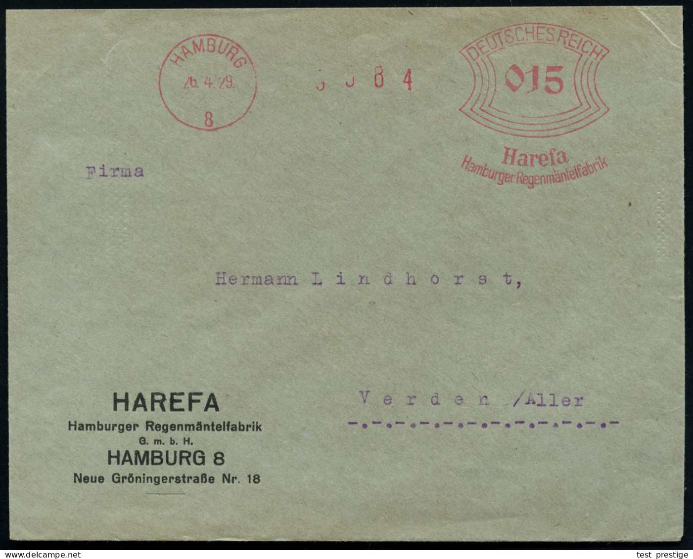 HAMBURG/ 8/ Harefa/ Hamburger Regenmäntelfabrik 1927 (21.5.) AFS Francotyp "Bogenrechteck" Auf Firmen-Bf.: HAREFA, Hambu - Climate & Meteorology