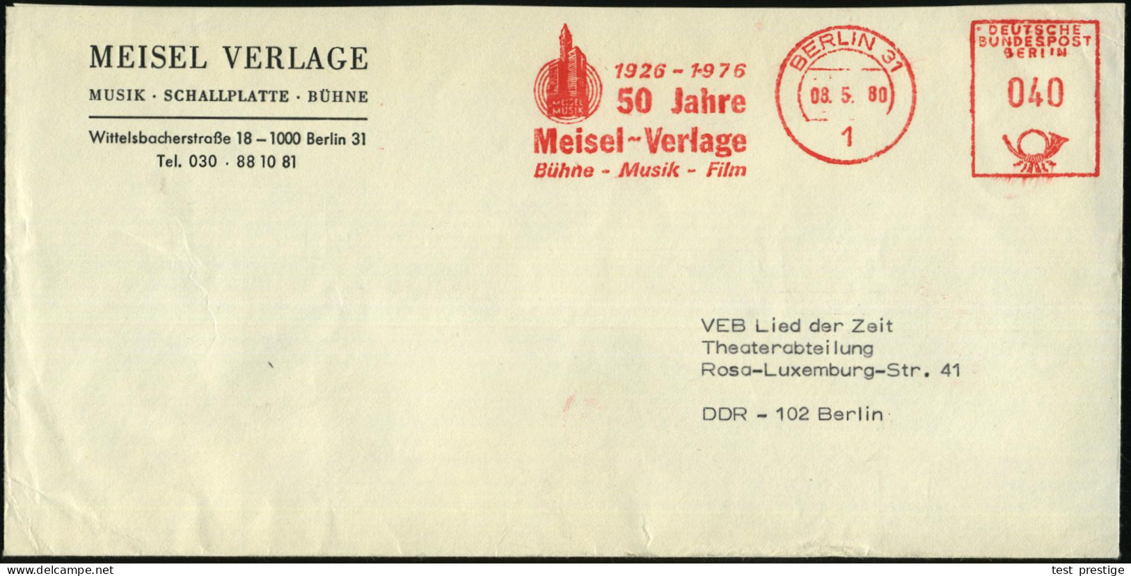 1 BERLIN 31/ ..50 Jahre/ Meisel-Verlage/ Bühne-Musik-Film 1980 (8.5.) Jubil.-AFS (Logo Mit Hochhäusern) Firmen-Orts-Bf.  - Musik