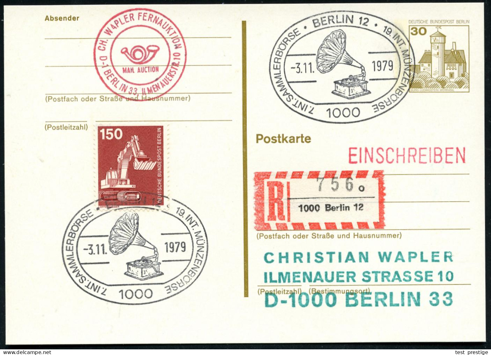 1000 BERLIN 12/ 7.INT.SAMMLERBÖRSE.. 1979 (3.11.) SSt  =histor. Trichter-Grammofon + RZ: 1000 Berlin 12/o, Klar Gest. Or - Musik
