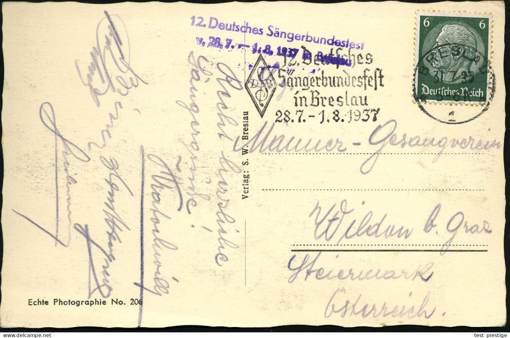 BRESLAU/ *1c/ 12.Deutsches/ Sängerbundesfest.. 1937 (Juli) MWSt = Violinschlüssel + Viol. 2L: 12. Deutsches Sänger-bunde - Muziek