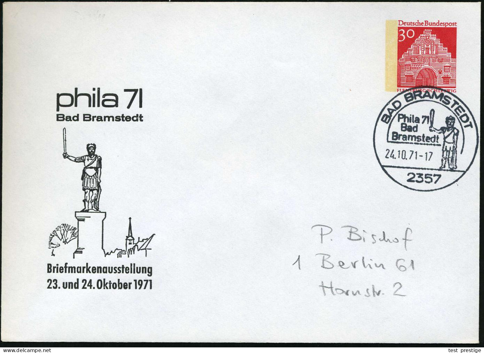 2357 BAD BRAMSTEDT/ Phila 71 1971 (24.10.) SSt = Roland (mit Schwert) Auf Motivgl. PU 30 Pf. Bauwerke, Rot: Phila 71: Ro - Musik